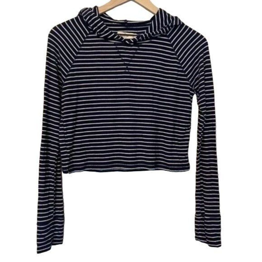 Hollister XS Cropped Navy Blue White Stripe Hooded Long Sleeve Crop Top
